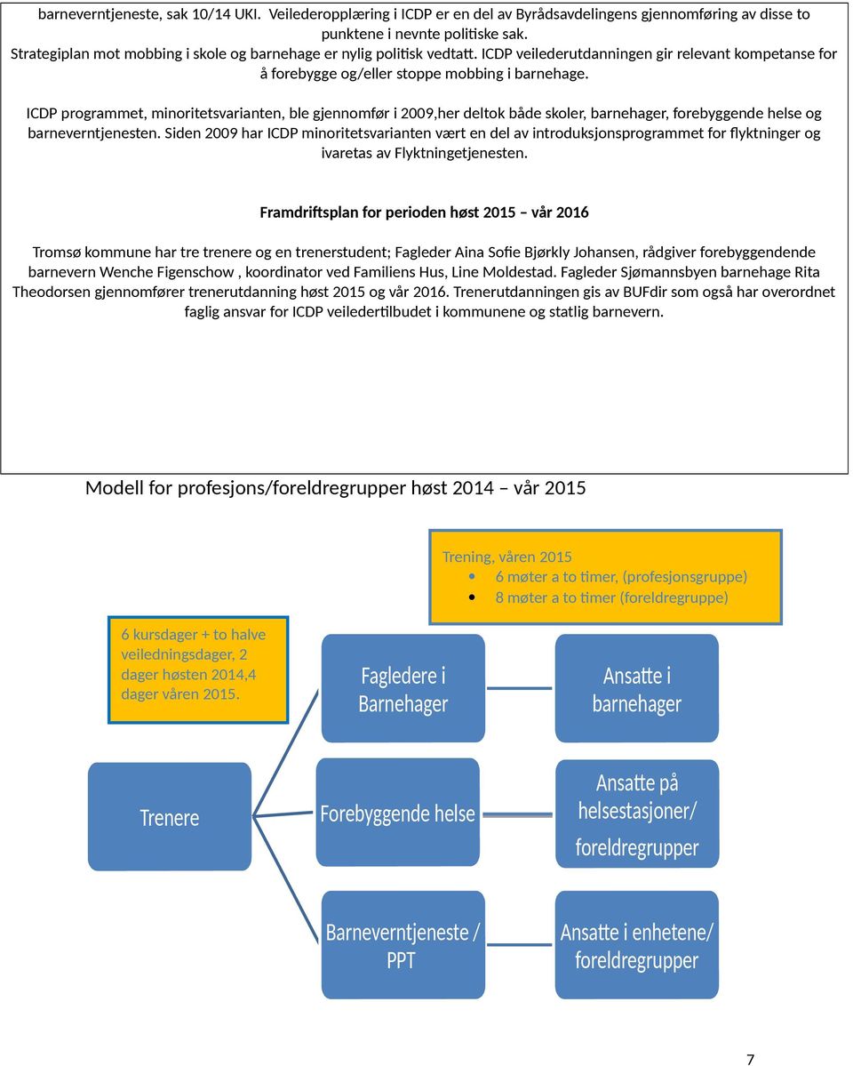 ICDP programmet, minoritetsvarianten, ble gjennomfør i 2009,her deltok både skoler, barnehager, forebyggende helse og barneverntjenesten.