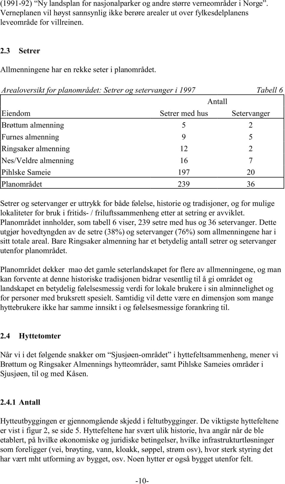 Arealoversikt for planområdet: Setrer og setervanger i 1997 Tabell 6 Antall Eiendom Setrer med hus Setervanger Brøttum almenning 5 2 Furnes almenning 9 5 Ringsaker almenning 12 2 Nes/Veldre almenning