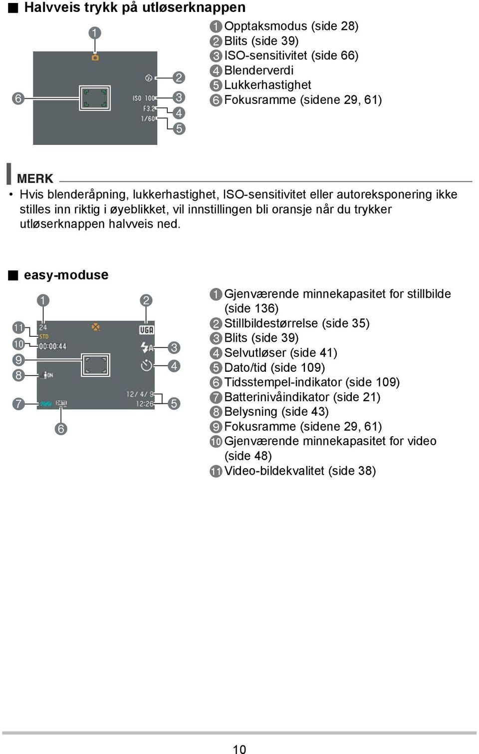 . easy-moduse 1 bl bk 9 8 7 6 2 3 4 5 1Gjenværende minnekapasitet for stillbilde (side 136) 2Stillbildestørrelse (side 35) 3Blits (side 39) 4Selvutløser (side 41) 5Dato/tid (side 109)