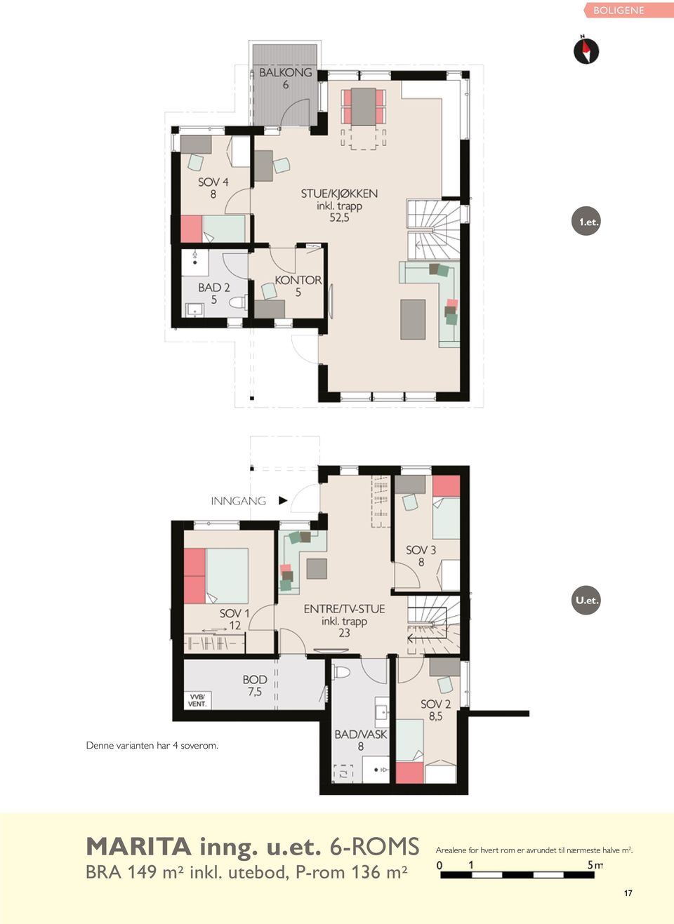 utebod, P-rom 136 m² Arealene for hvert rom