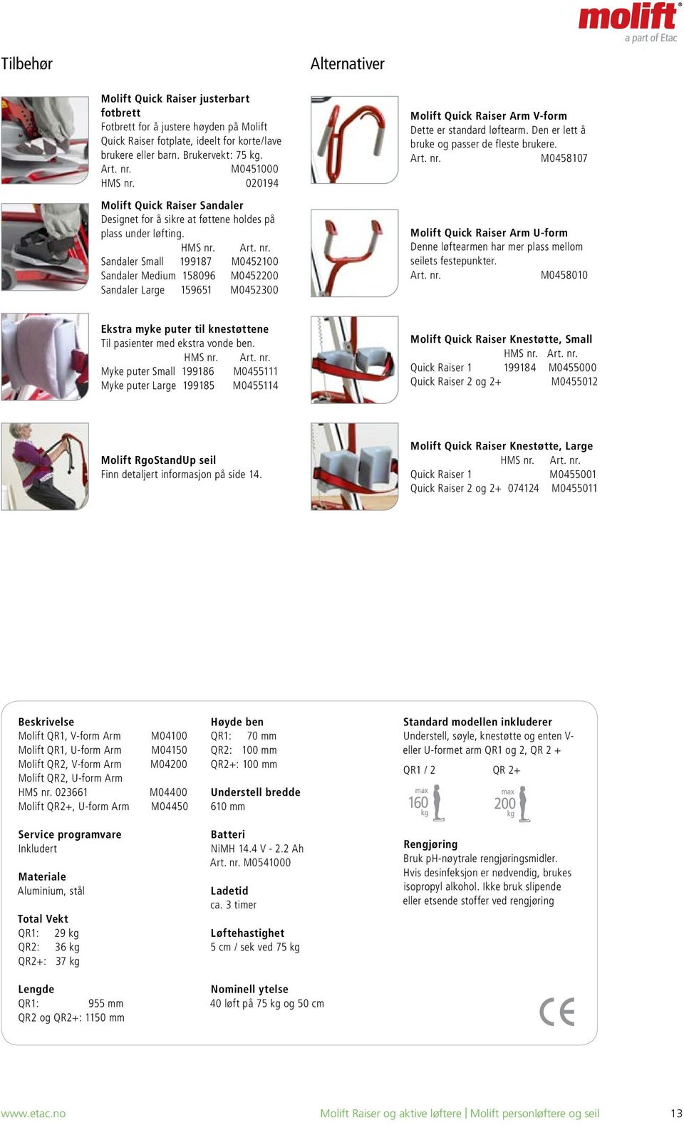 Den er lett å bruke og passer de fleste brukere. Art. nr. M0458107 Molift Quick Raiser Arm U-form Denne løftearmen har mer plass mellom seilets festepunkter. Art. nr. M0458010 Ekstra myke puter til knestøttene Til pasienter med ekstra vonde ben.