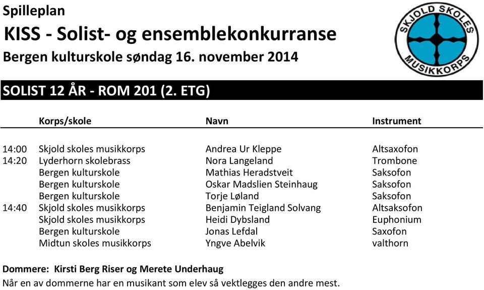 Mathias Heradstveit Saksofon Bergen kulturskole Oskar Madslien Steinhaug Saksofon Bergen kulturskole Torje Løland Saksofon 14:40