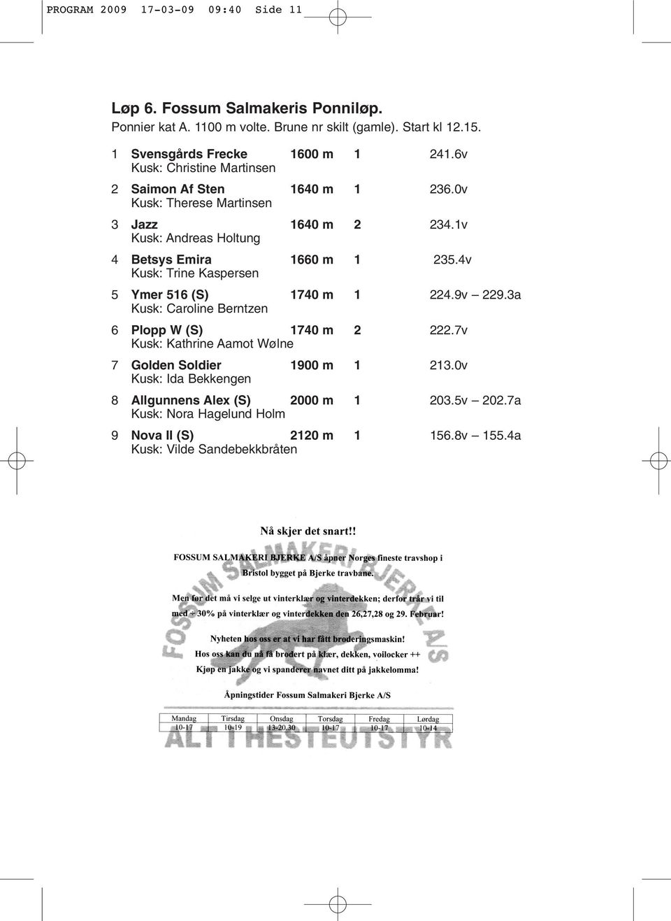 1v Kusk: Andreas Holtung 4 Betsys Emira 1660 m 1 235.4v Kusk: Trine Kaspersen 5 Ymer 516 (S) 1740 m 1 224.9v 229.