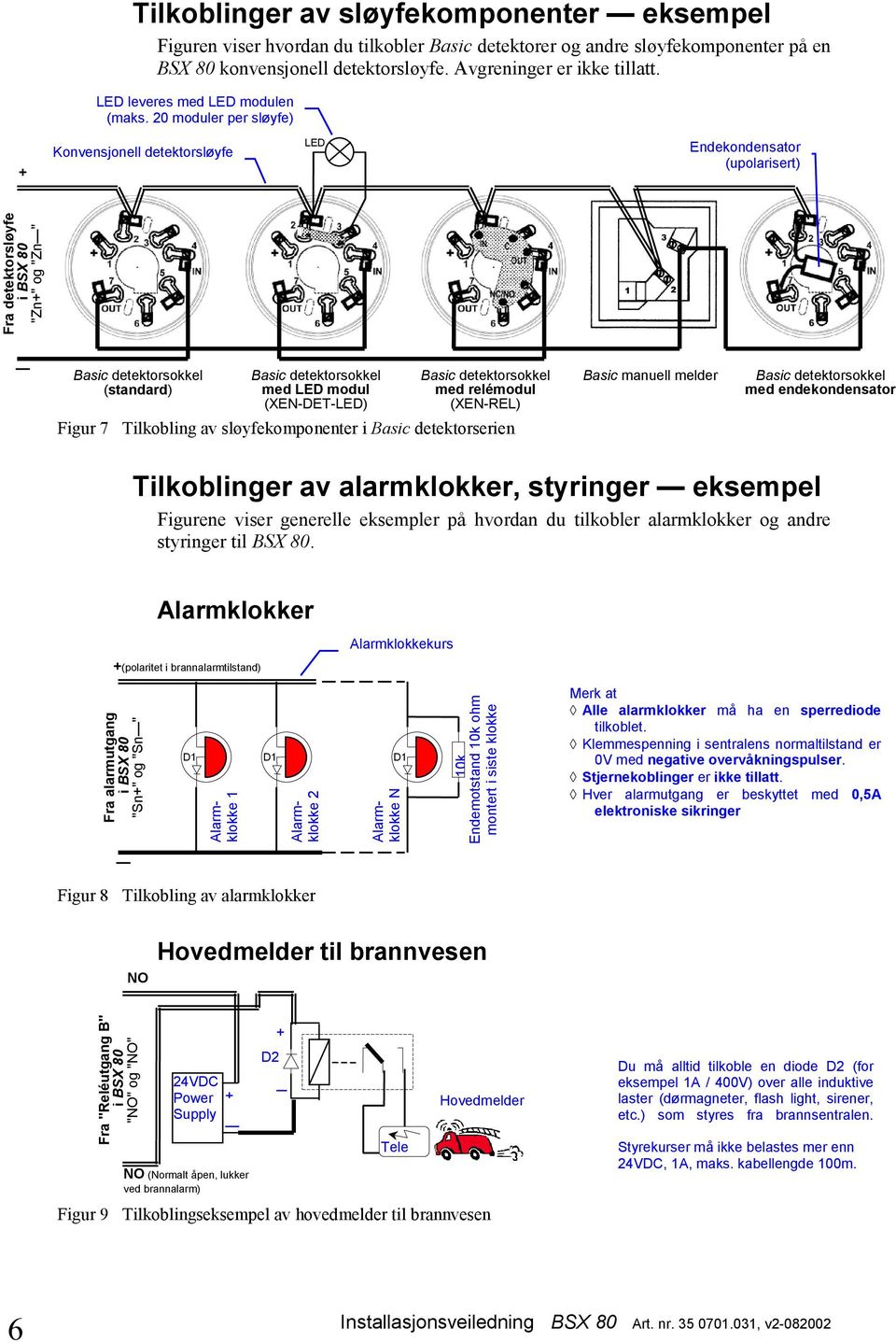 20 moduler per sløyfe) Konvensjonell detektorsløyfe LED Endekondensator (upolarisert) Fra detektorsløyfe i "Zn" og "Zn" Basic detektorsokkel (standard) Basic detektorsokkel med LED modul