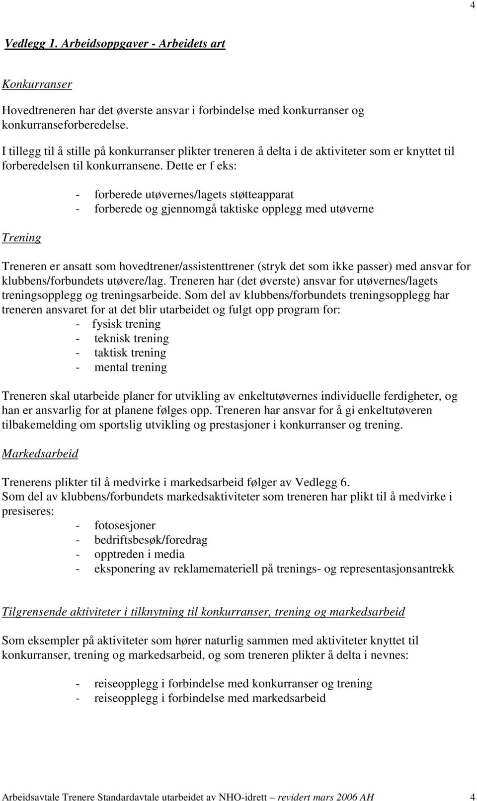 Dette er f eks: Trening - forberede utøvernes/lagets støtteapparat - forberede og gjennomgå taktiske opplegg med utøverne Treneren er ansatt som hovedtrener/assistenttrener (stryk det som ikke