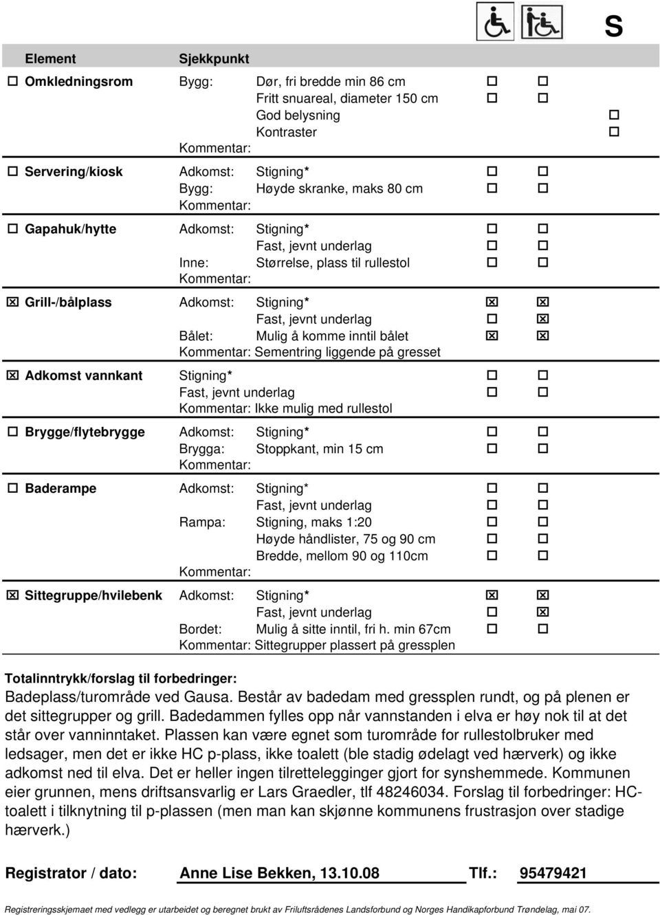 Ikke mulig med rullestol Brygge/flytebrygge Adkomst: Stigning* Brygga: Stoppkant, min 15 cm Baderampe Adkomst: Stigning* Rampa: Stigning, maks 1:20 Høyde håndlister, 75 og 90 cm Bredde, mellom 90 og