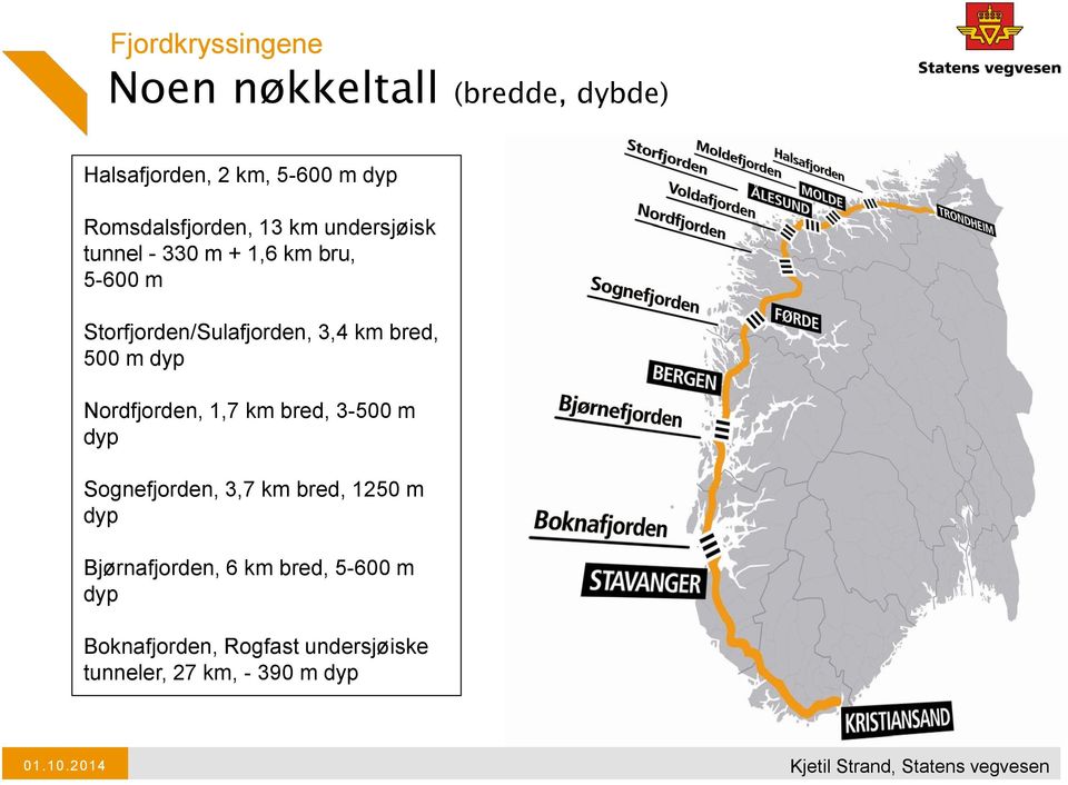 Nordfjorden, 1,7 km bred, 3-500 m dyp Sognefjorden, 3,7 km bred, 1250 m dyp Bjørnafjorden, 6 km bred,