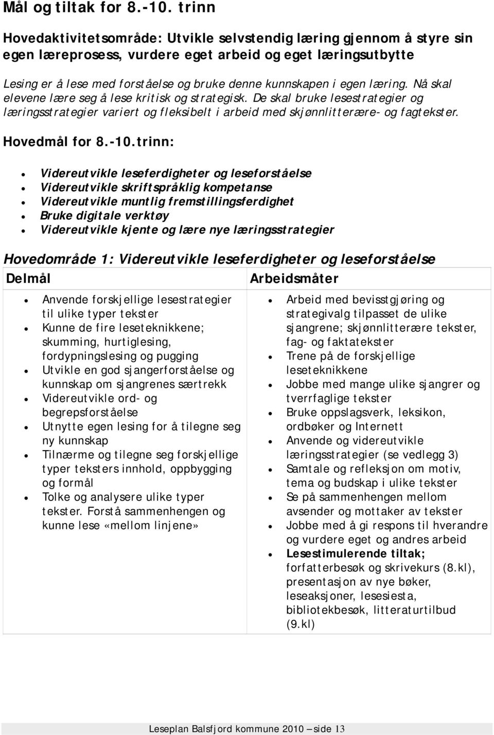 egen læring. Nå skal elevene lære seg å lese kritisk og strategisk. De skal bruke lesestrategier og læringsstrategier variert og fleksibelt i arbeid med skjønnlitterære- og fagtekster. Hovedmål for 8.