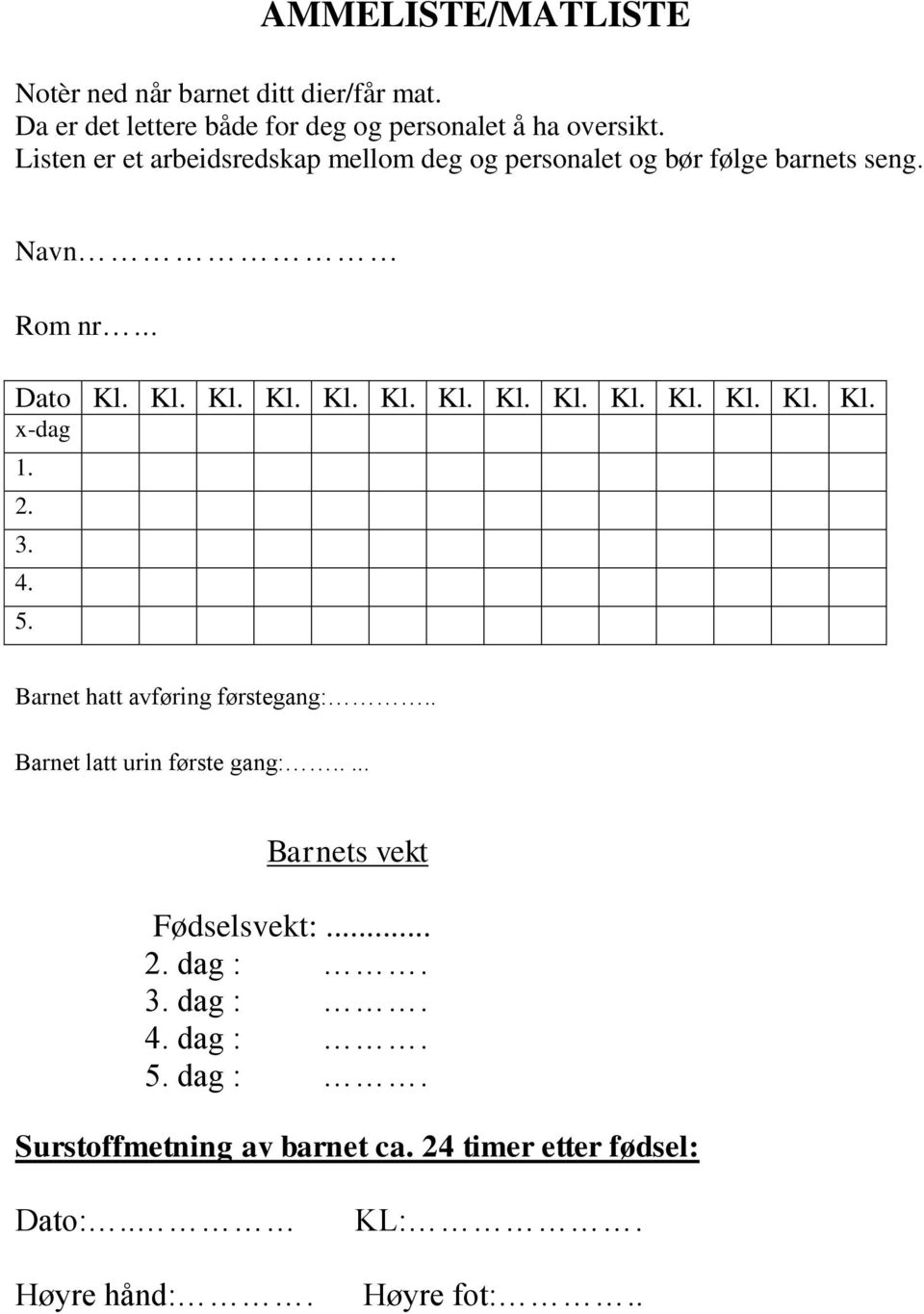 2. 3. 4. 5. Barnet hatt avføring førstegang:.. Barnet latt urin første gang:..... Barnets vekt Fødselsvekt:... 2. dag :.