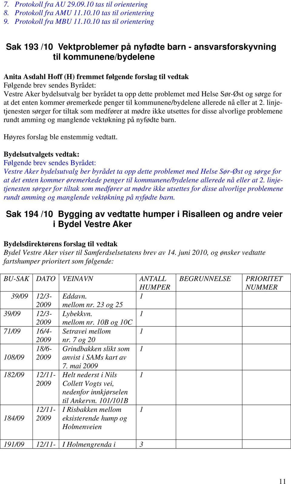 10 tas til orientering 9. Protokoll fra MBU 11.10.10 tas til orientering Sak 193 /10 Vektproblemer på nyfødte barn - ansvarsforskyvning til kommunene/bydelene Anita Asdahl Hoff (H) fremmet følgende