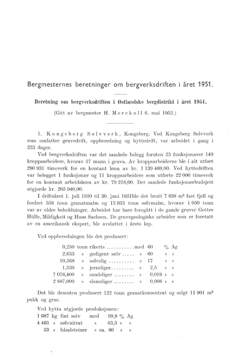 Ved bergverksdriften var det samlede belegg foruten 23 funksjonærer 149 kroppsarbeidere, hvorav 57 mann i gruva. Av kroppsarbeiderne ble i alt utført 280 931 timeverk for en kontant lønn av kr.