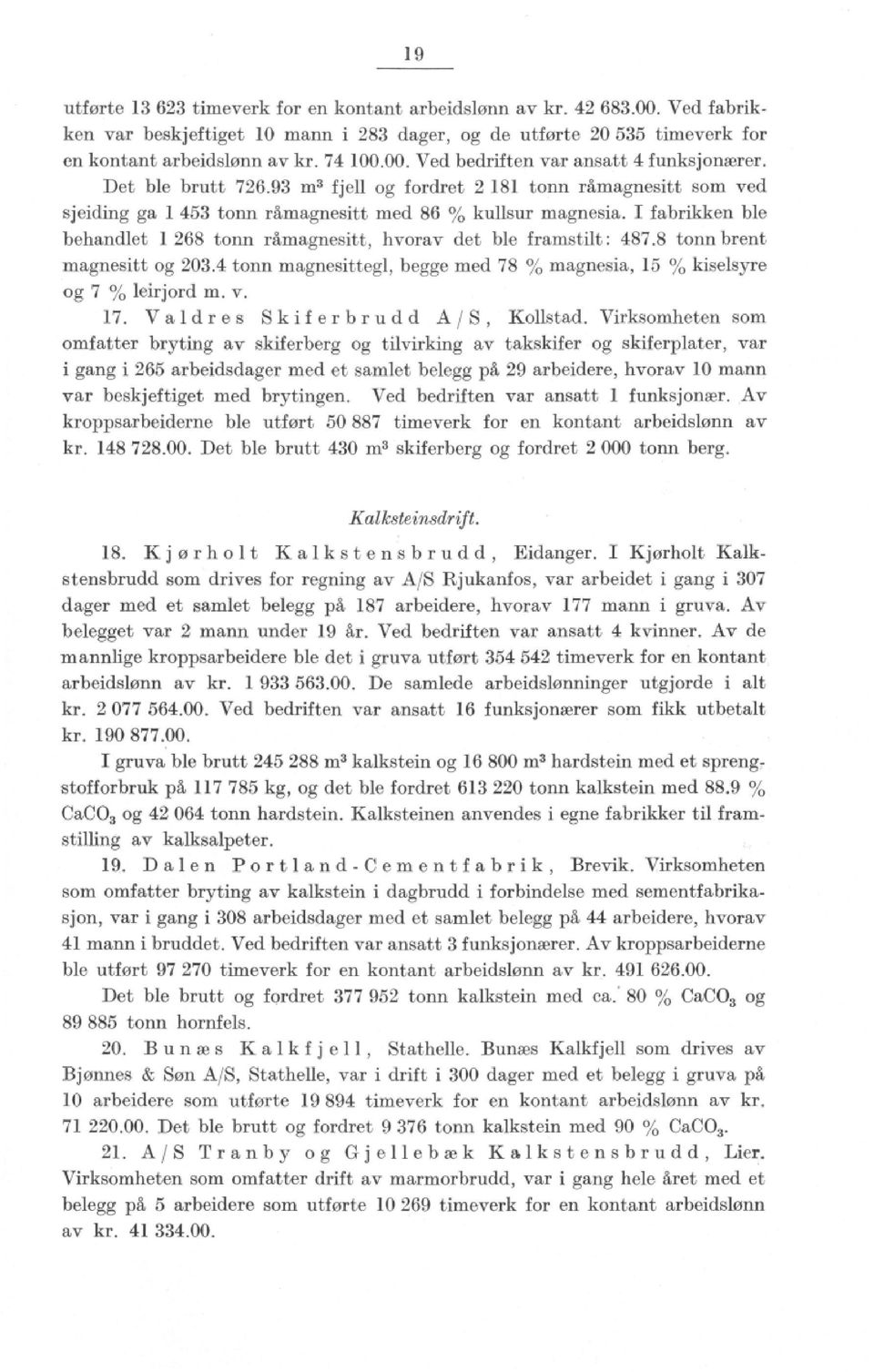 I fabrikken ble behandlet 1 268 tonn rå,magnesitt, hvorav det ble framstilt : 487.8 tonn brent magnesitt og 203.4 tonn magnesittegl, begge med 78 % magnesia, 15 % kiselsyre og 7 % leirjord m. v. 17.