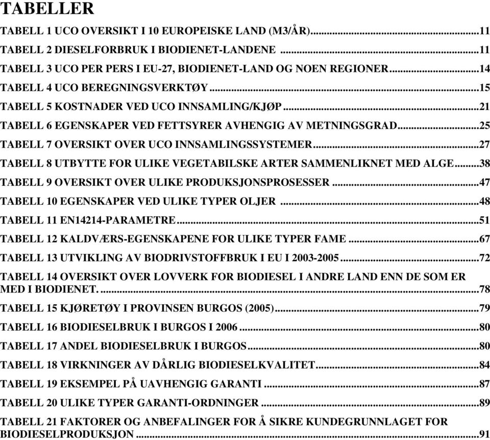 ..27 TABELL 8 UTBYTTE FOR ULIKE VEGETABILSKE ARTER SAMMENLIKNET MED ALGE...38 TABELL 9 OVERSIKT OVER ULIKE PRODUKSJONSPROSESSER...47 TABELL 10 EGENSKAPER VED ULIKE TYPER OLJER.