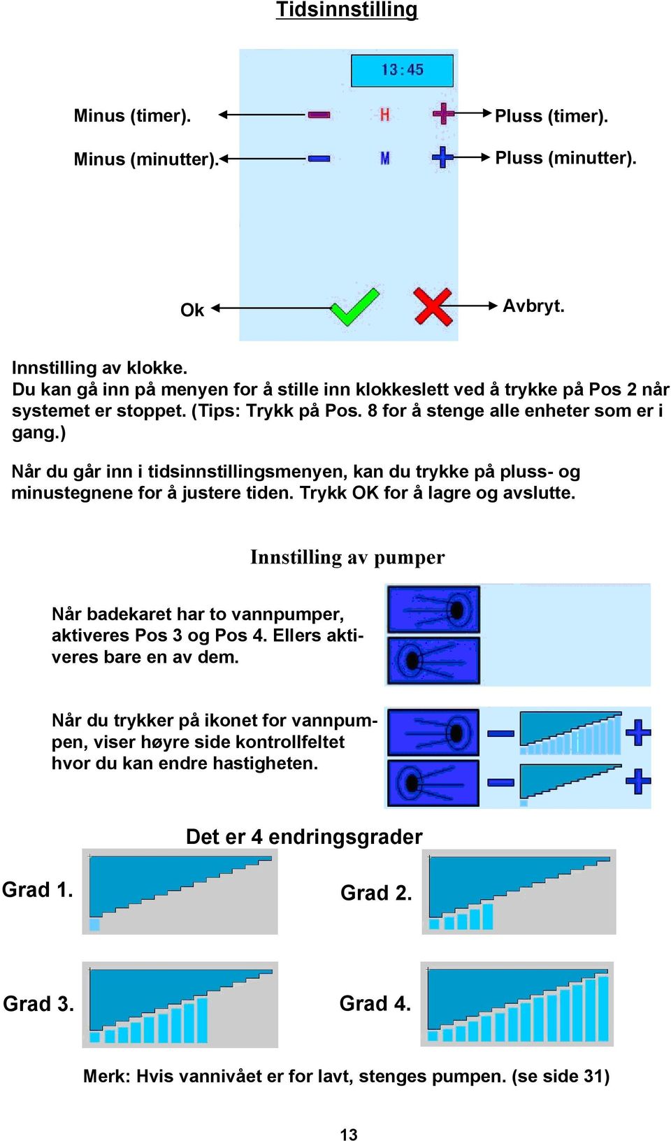 ) Når du går inn i tidsinnstillingsmenyen, kan du trykke på pluss- og minustegnene for å justere tiden. Trykk OK for å lagre og avslutte.