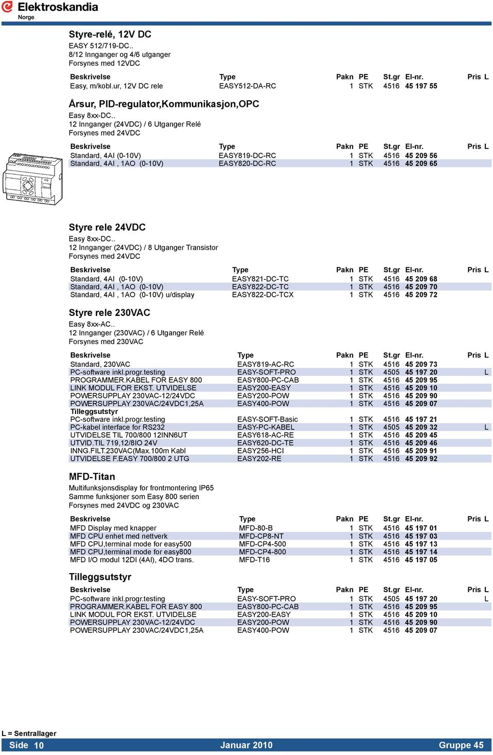 . 12 Innganger (24VDC) / 6 Utganger Relé Forsynes med 24VDC Standard, 4AI (0-10V) EASY819-DC-RC 1 STK 4516 45 209 56 Standard, 4AI, 1AO (0-10V) EASY820-DC-RC 1 STK 4516 45 209 65 Styre rele 24VDC