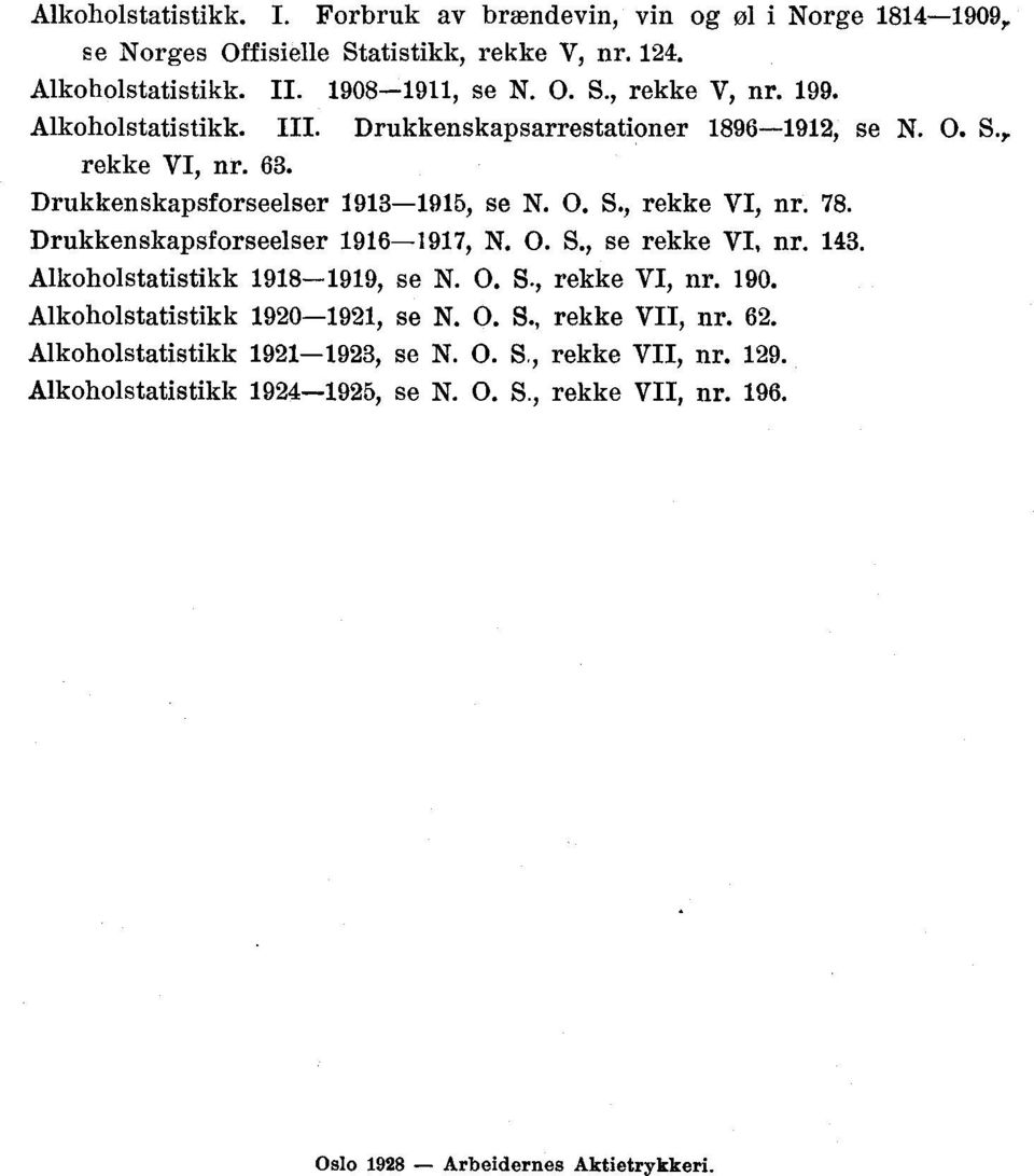 Drukkenskapsforseelser 96-97, N. O. S., se rekke VI, nr.. Alkoholstatistikk 98-99, se N. O. S., rekke VI, nr. 90. Alkoholstatistikk 90-9, se N. O. S., rekke VII, nr.