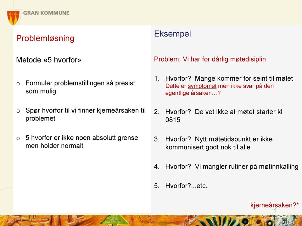 Mange kommer for seint til møtet Dette er symptomet men ikke svar på den egentlige årsaken? 2. Hvorfor?