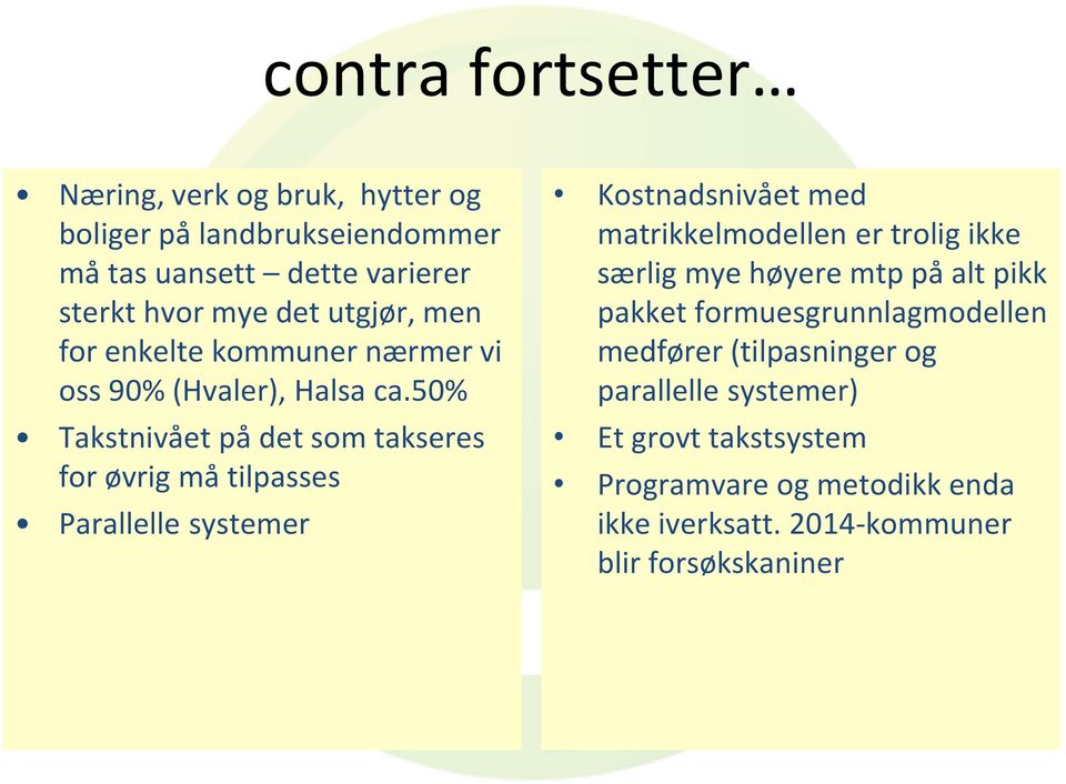 50% Takstnivået på det som takseres for øvrig må tilpasses Parallelle systemer Kostnadsnivået med matrikkelmodellen er trolig ikke