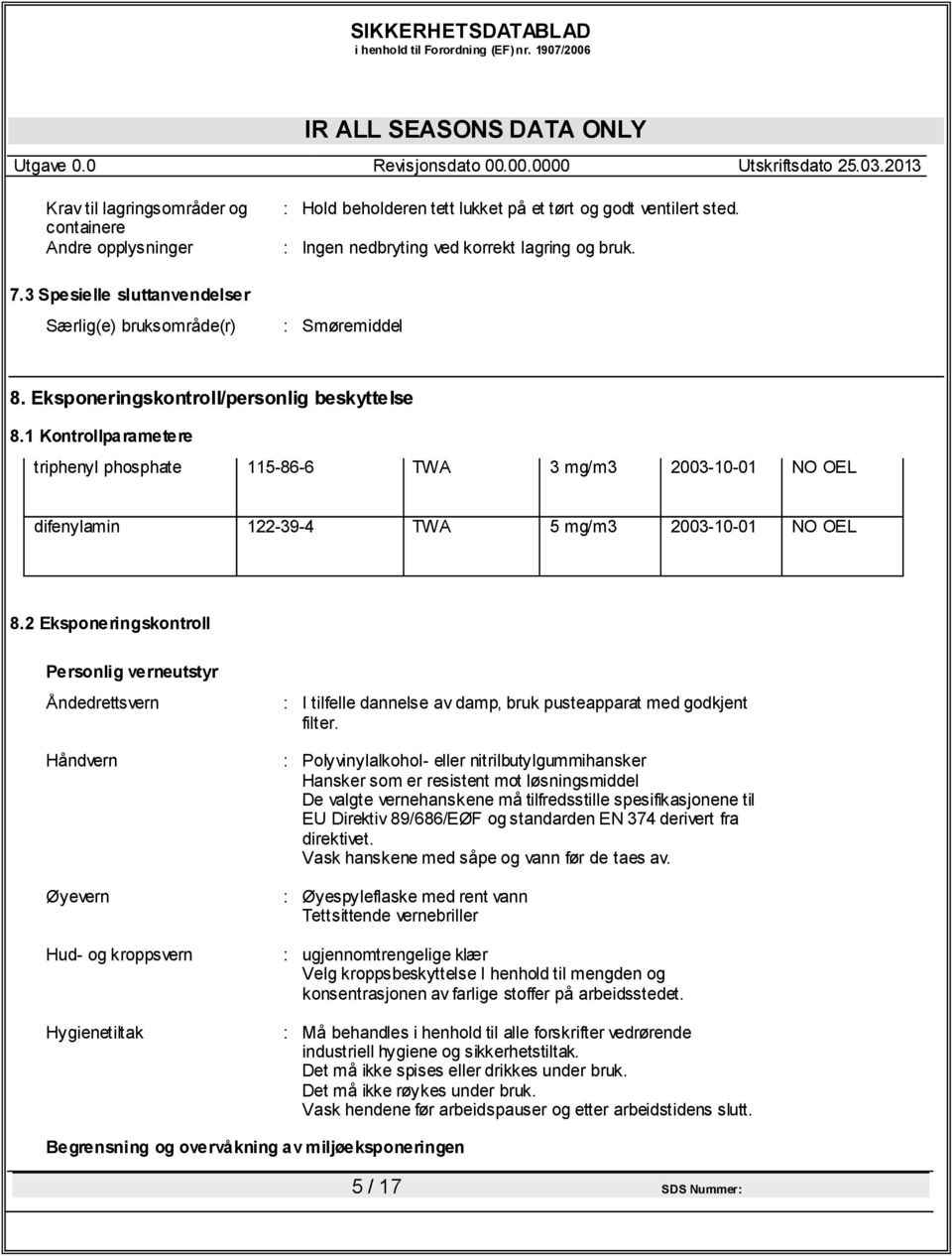 1 Kontrollparametere 115-86-6 TWA 3 mg/m3 2003-10-01 NO OEL difenylamin 122-39-4 TWA 5 mg/m3 2003-10-01 NO OEL 8.