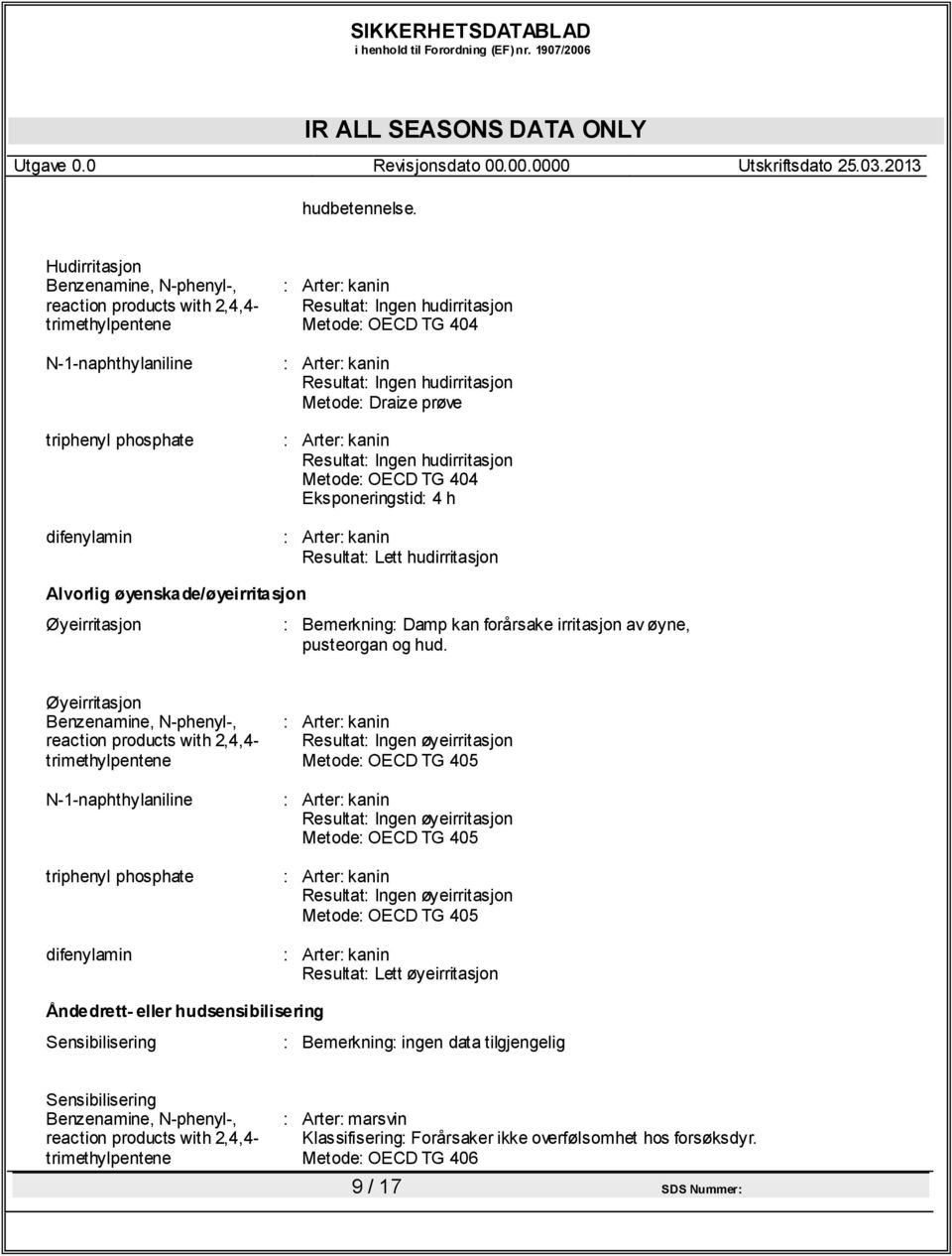 Draize prøve : Arter: kanin Resultat: Ingen hudirritasjon Metode: OECD TG 404 Eksponeringstid: 4 h : Arter: kanin Resultat: Lett hudirritasjon Alvorlig øyenskade/øyeirritasjon Øyeirritasjon :