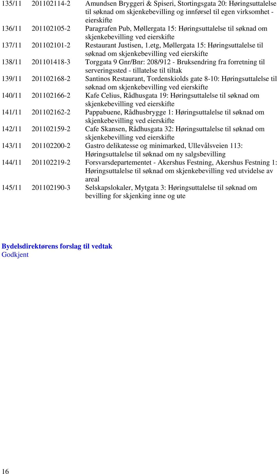 etg, Møllergata 15: Høringsuttalelse til søknad om skjenkebevilling ved eierskifte 138/11 201101418-3 Torggata 9 Gnr/Bnr: 208/912 - Bruksendring fra forretning til serveringssted - tillatelse til