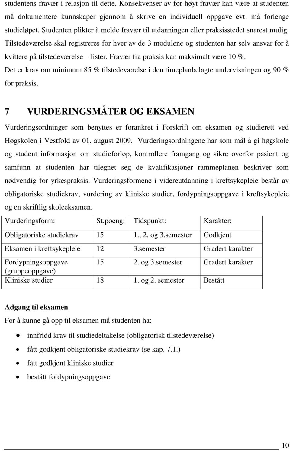 Tilstedeværelse skal registreres for hver av de 3 modulene og studenten har selv ansvar for å kvittere på tilstedeværelse lister. Fravær fra praksis kan maksimalt være 10 %.