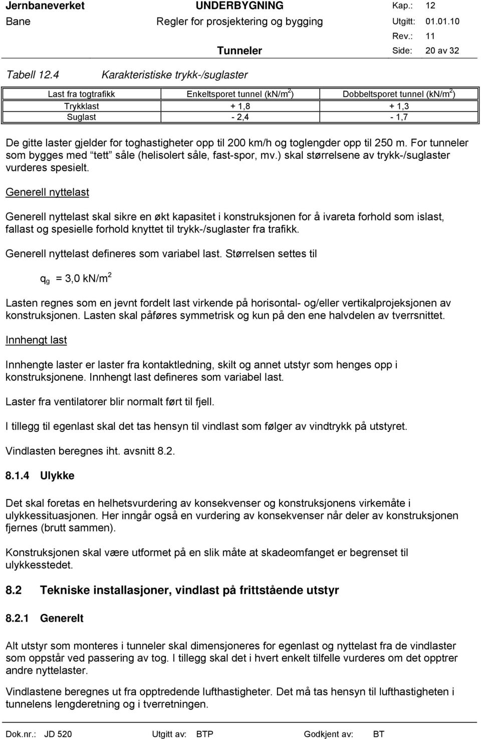 opp til 200 km/h og toglengder opp til 250 m. For tunneler som bygges med tett såle (helisolert såle, fast-spor, mv.) skal størrelsene av trykk-/suglaster vurderes spesielt.