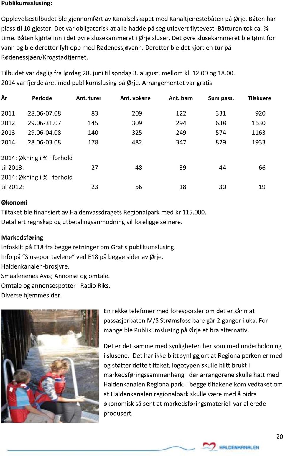 Deretter ble det kjørt en tur på Rødenessjøen/Krogstadtjernet. Tilbudet var daglig fra lørdag 28. juni til søndag 3. august, mellom kl. 12.00 og 18.00. 2014 var fjerde året med publikumslusing på Ørje.