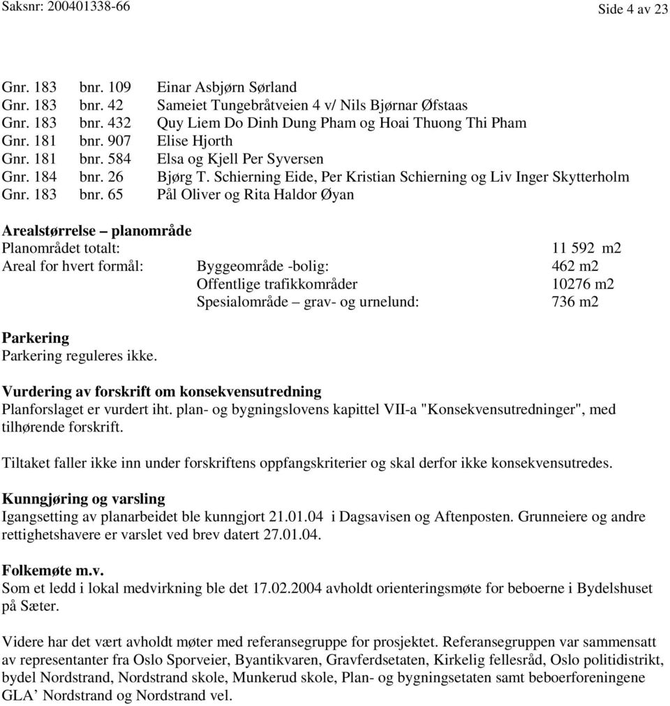 65 Pål Oliver og Rita Haldor Øyan Arealstørrelse planområde Planområdet totalt: 11 592 m2 Areal for hvert formål: Byggeområde -bolig: 462 m2 Offentlige trafikkområder 10276 m2 Spesialområde grav- og