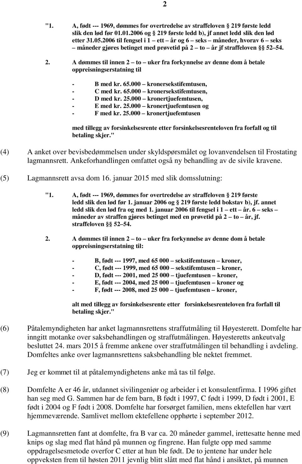 to år jf straffeloven 52 54. 2. A dømmes til innen 2 to uker fra forkynnelse av denne dom å betale oppreisningserstatning til - B med kr. 65.000 kronersekstifemtusen, - C med kr. 65.000 kronersekstifemtusen, - D med kr.