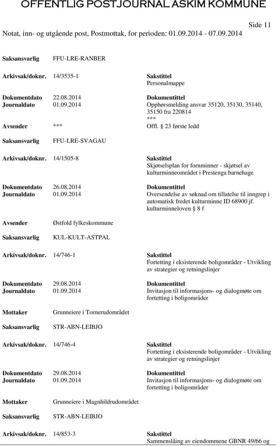 2014 Dokumentittel Journaldato 01.09.2014 Oversendelse av søknad om tillatelse til inngrep i automatisk fredet kulturminne ID 68900 jf.