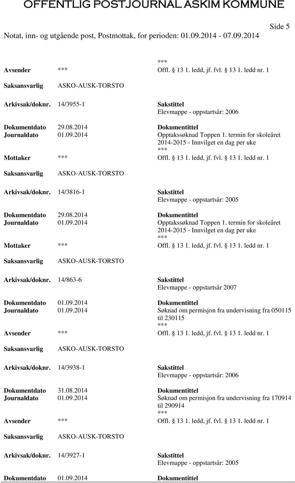 14/3816-1 Sakstittel Elevmappe - oppstartsår: 2005 Dokumentdato 29.08.2014 Dokumentittel Journaldato 01.09. 14/863-6 Sakstittel Elevmappe - oppstartsår 2007 Dokumentdato 01.09.2014 Dokumentittel Journaldato 01.09.2014 Søknad om permisjon fra undervisning fra 050115 til 230115 Offl.