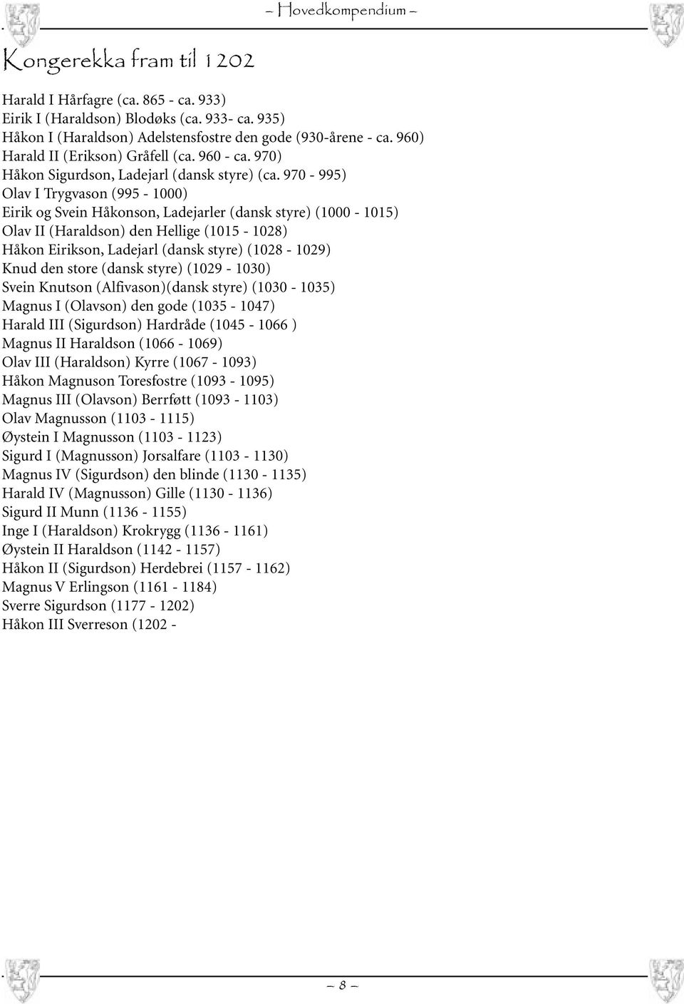 970-995) Olav I Trygvason (995-1000) Eirik og Svein Håkonson, Ladejarler (dansk styre) (1000-1015) Olav II (Haraldson) den Hellige (1015-1028) Håkon Eirikson, Ladejarl (dansk styre) (1028-1029) Knud