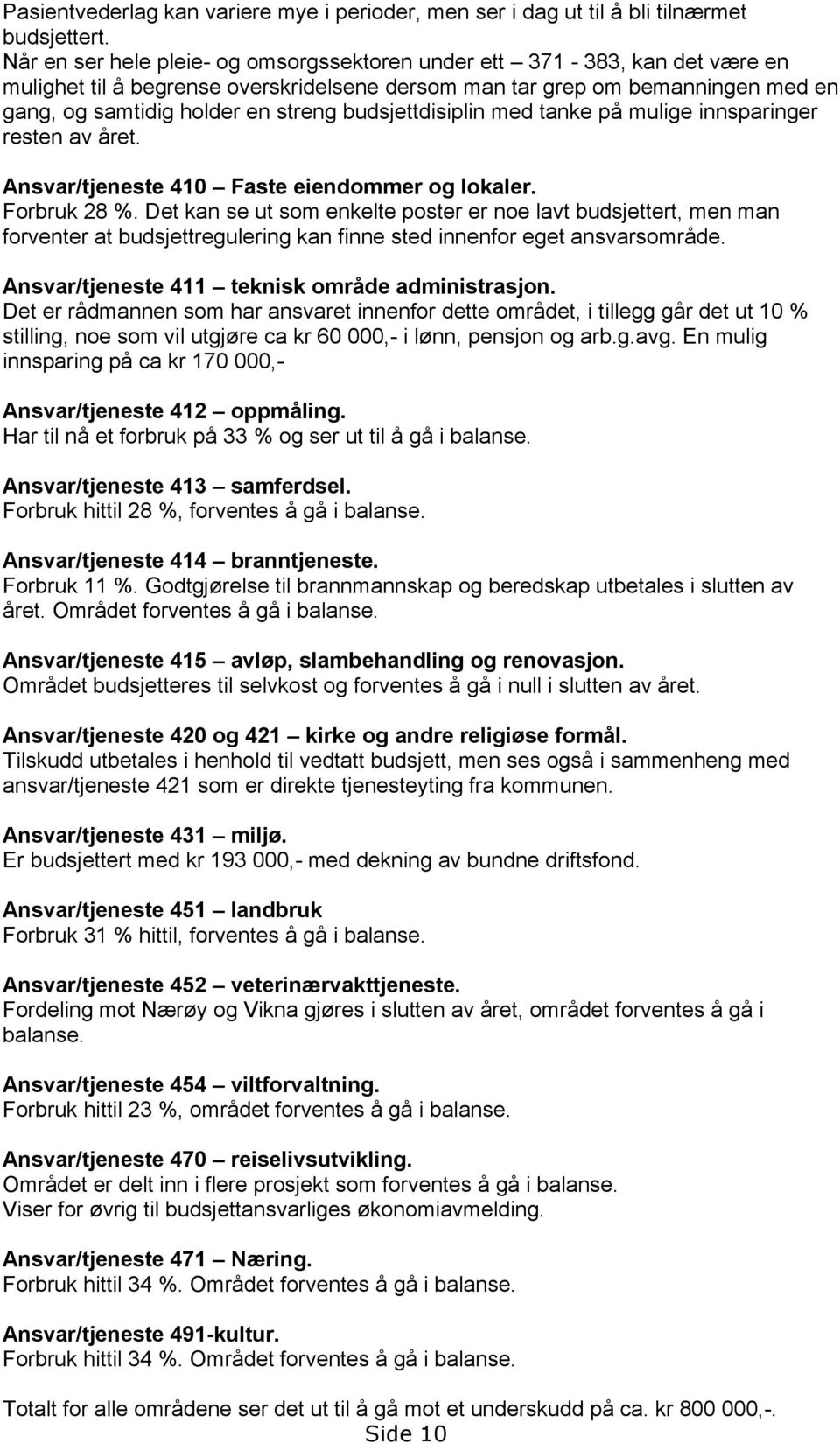 budsjettdisiplin med tanke på mulige innsparinger resten av året. Ansvar/tjeneste 410 Faste eiendommer og lokaler. Forbruk 28 %.