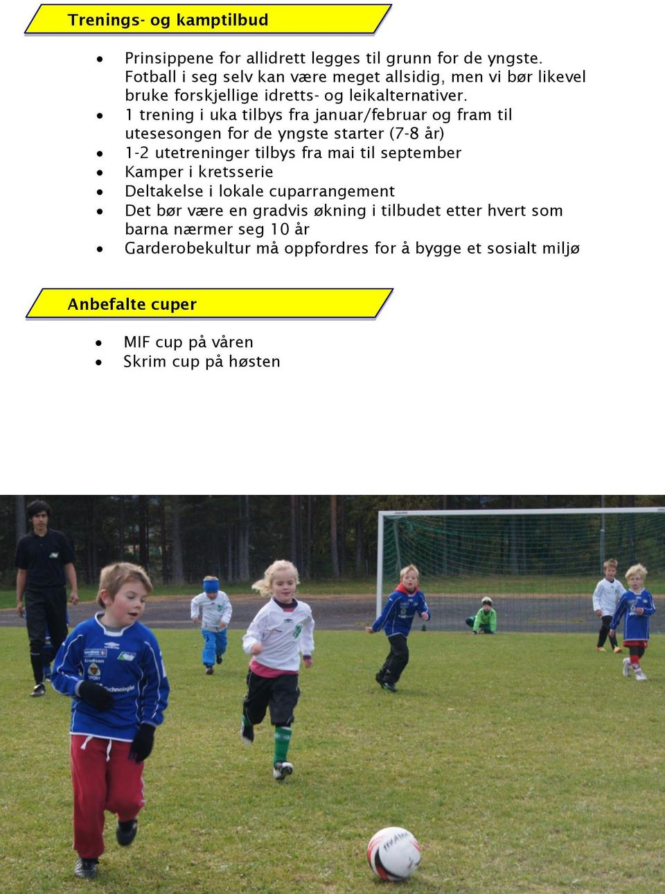 1 trening i uka tilbys fra januar/februar og fram til utesesongen for de yngste starter (7-8 år) 1-2 utetreninger tilbys fra mai til september