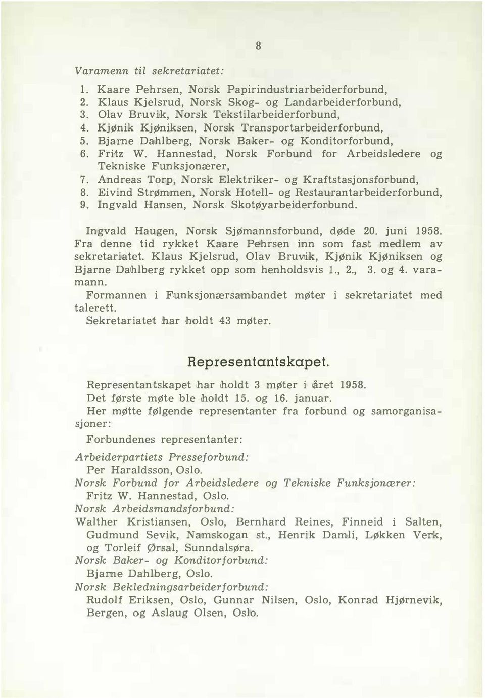 Andreas Torp, Norsk Eektriker og Kraftstasjonsforbund, 8. Eivind Strømmen, Norsk Hote og Restaurantarbeiderforbund, 9. Ingvad Hansen, Norsk SkotØY arbeiderforbund.