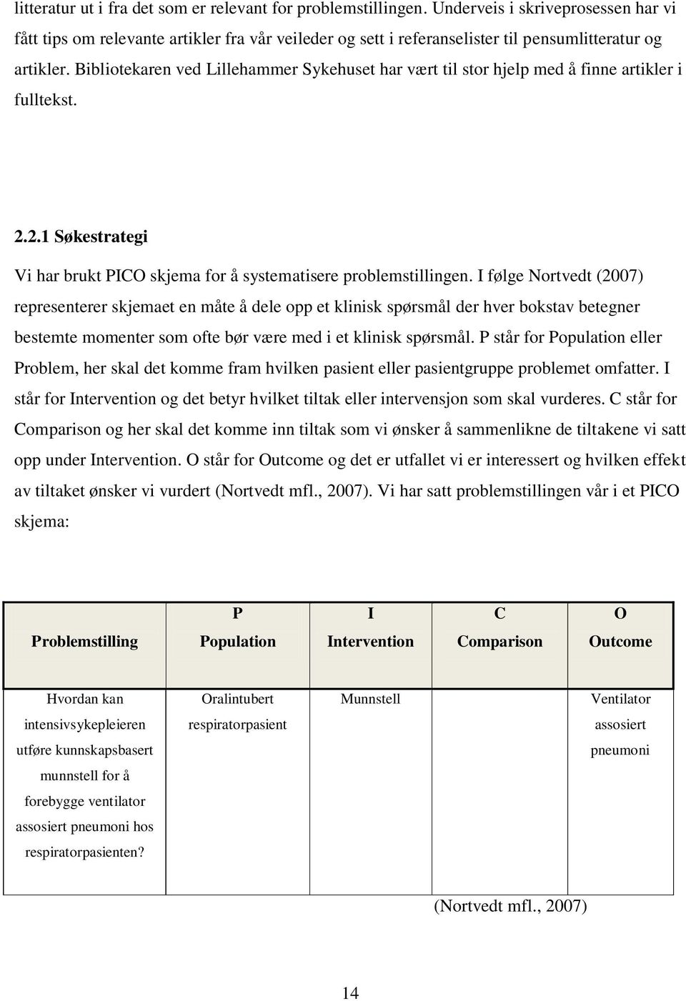 Bibliotekaren ved Lillehammer Sykehuset har vært til stor hjelp med å finne artikler i fulltekst. 2.2.1 Søkestrategi Vi har brukt PICO skjema for å systematisere problemstillingen.