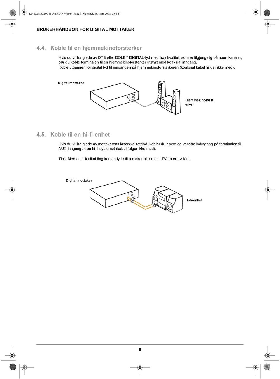 hjemmekinoforsterker utstyrt med koaksial inngang. Koble utgangen for digital lyd til inngangen på hjemmekinoforsterkeren (koaksial kabel følger ikke med).