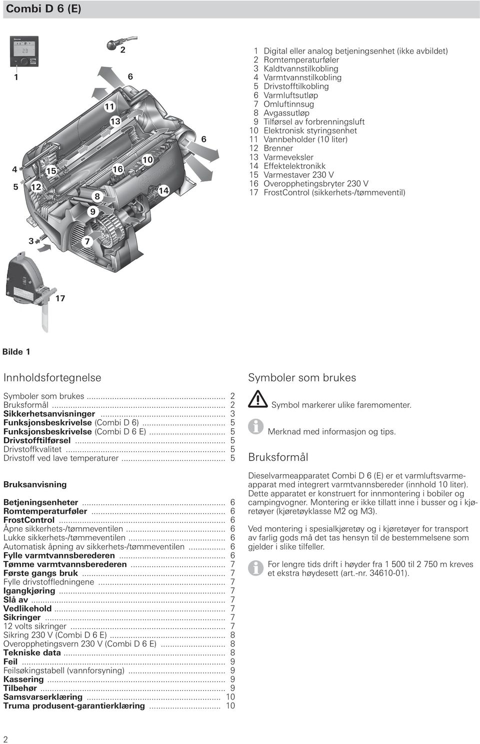V 16 Overopphetingsbryter 230 V 17 FrostControl (sikkerhets-/tømmeventil) 9 3 7 17 Bilde 1 Innholdsfortegnelse Symboler som brukes... 2 Bruksformål... 2 Sikkerhetsanvisninger.