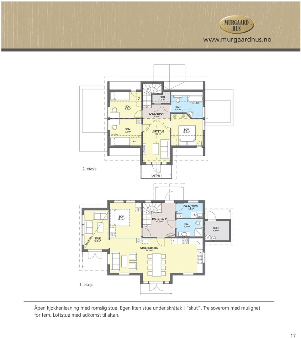 etasje ALTAN VASK/TEKN 4,4 m² 12,1 m² HALL/TRAPP 12,5 m² BAD 5,2 m² 5,3 m² Skrå himling STUE 10,8 m²