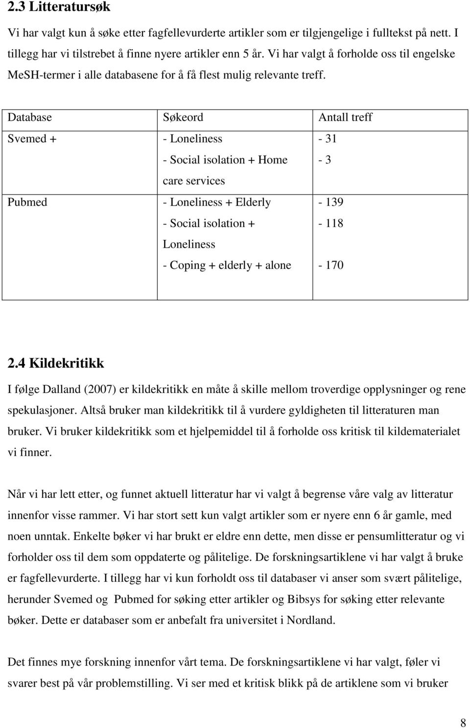 Database Søkeord Antall treff Svemed + - Loneliness - Social isolation + Home - 31-3 care services Pubmed - Loneliness + Elderly - Social isolation + Loneliness - Coping + elderly + alone - 139-118 -