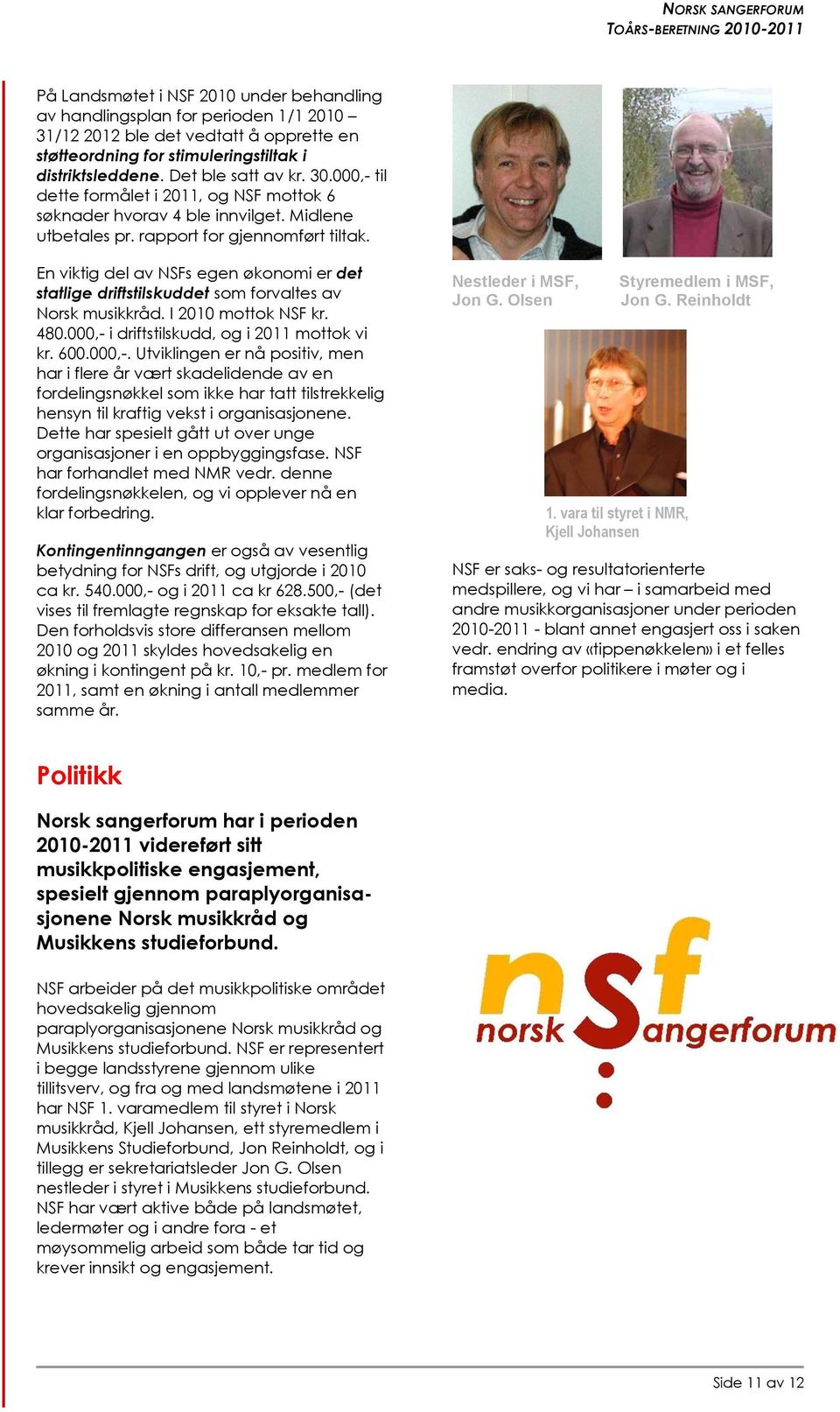 En viktig del av NSFs egen økonomi er det statlige driftstilskuddet som forvaltes av Norsk musikkråd. I 2010 mottok NSF kr. 480.000,- 