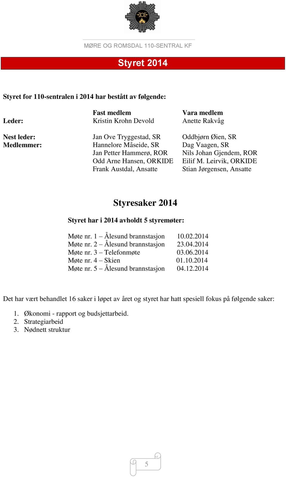 Leirvik, ORKIDE Frank Austdal, Ansatte Stian Jørgensen, Ansatte Styresaker 2014 Styret har i 2014 avholdt 5 styremøter: Møte nr. 1 Ålesund brannstasjon 10.02.2014 Møte nr. 2 Ålesund brannstasjon 23.