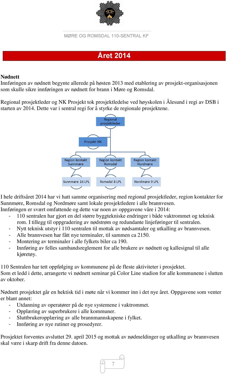 I hele driftsåret 2014 har vi hatt samme organisering med regional prosjektleder, region kontakter for Sunnmøre, Romsdal og Nordmøre samt lokale prosjektledere i alle brannvesen.