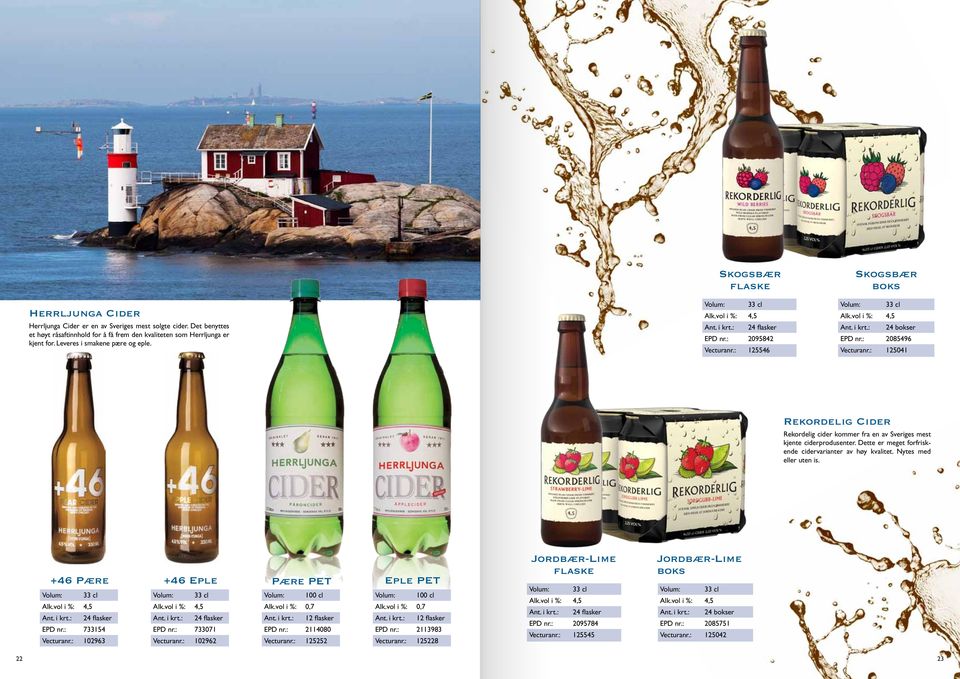 : 125041 Rekordelig Cider Rekordelig cider kommer fra en av Sveriges mest kjente ciderprodusenter. Dette er meget forfriskende cidervarianter av høy kvalitet. Nytes med eller uten is. +46 Pære EPD nr.