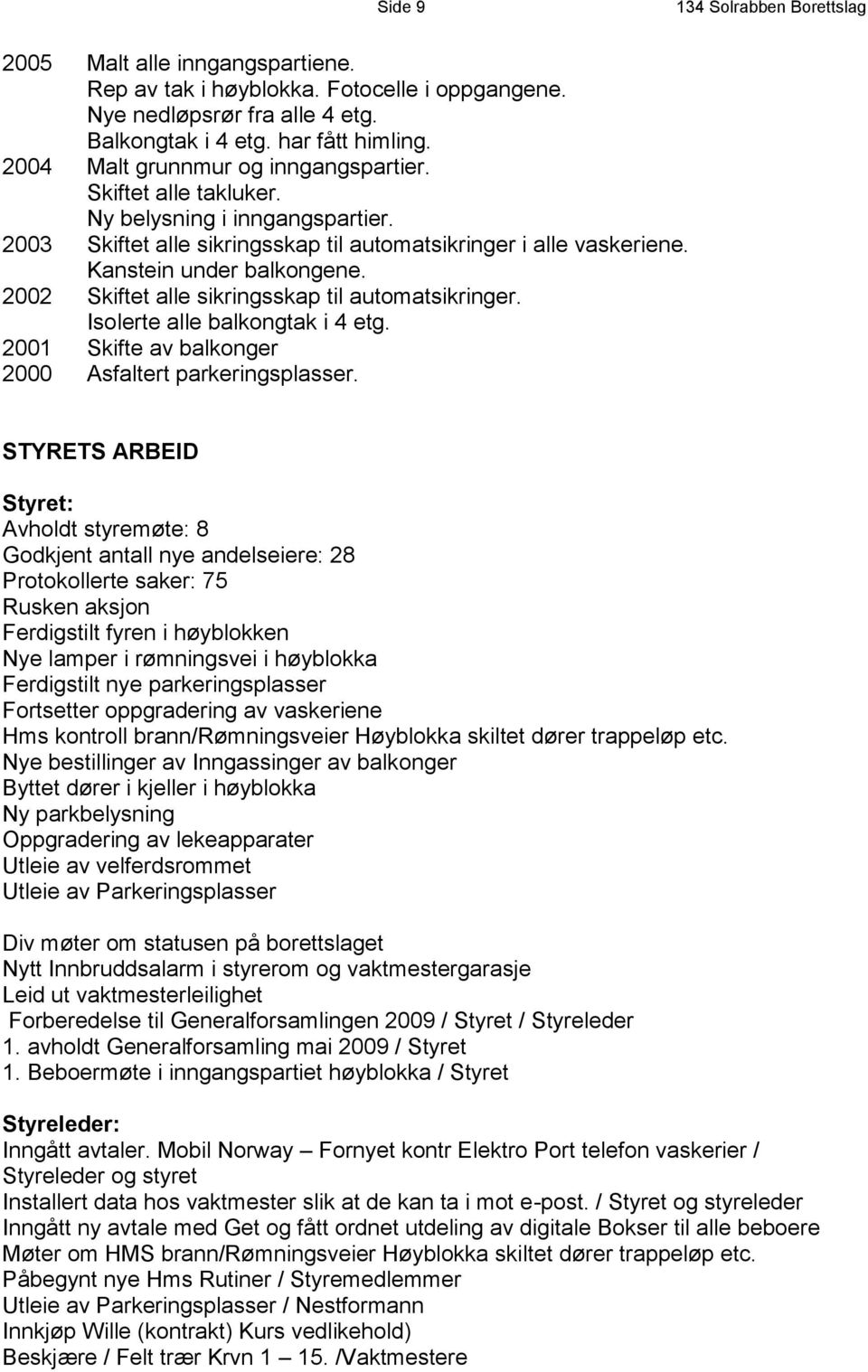 2002 Skiftet alle sikringsskap til automatsikringer. Isolerte alle balkongtak i 4 etg. 2001 Skifte av balkonger 2000 Asfaltert parkeringsplasser.