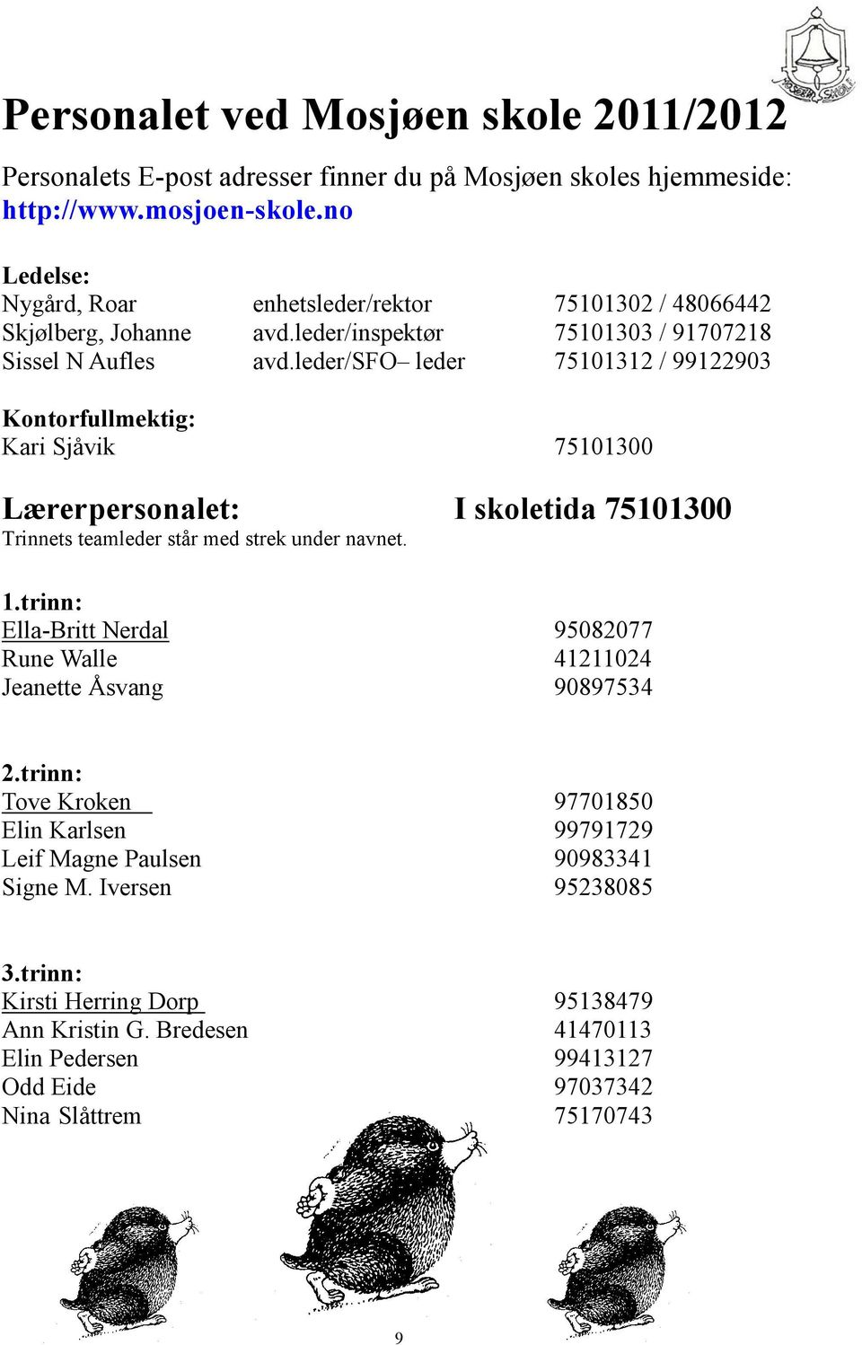 leder/sfo leder 75101312 / 99122903 Kontorfullmektig: Kari Sjåvik 75101300 Lærerpersonalet: I skoletida 75101300 Trinnets teamleder står med strek under navnet. 1.