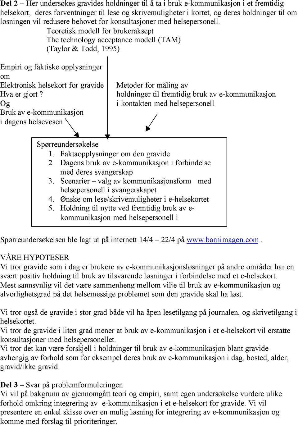 Teoretisk modell for brukeraksept The technology acceptance modell (TAM) (Taylor & Todd, 1995) Empiri og faktiske opplysninger om Elektronisk helsekort for gravide Hva er gjort?