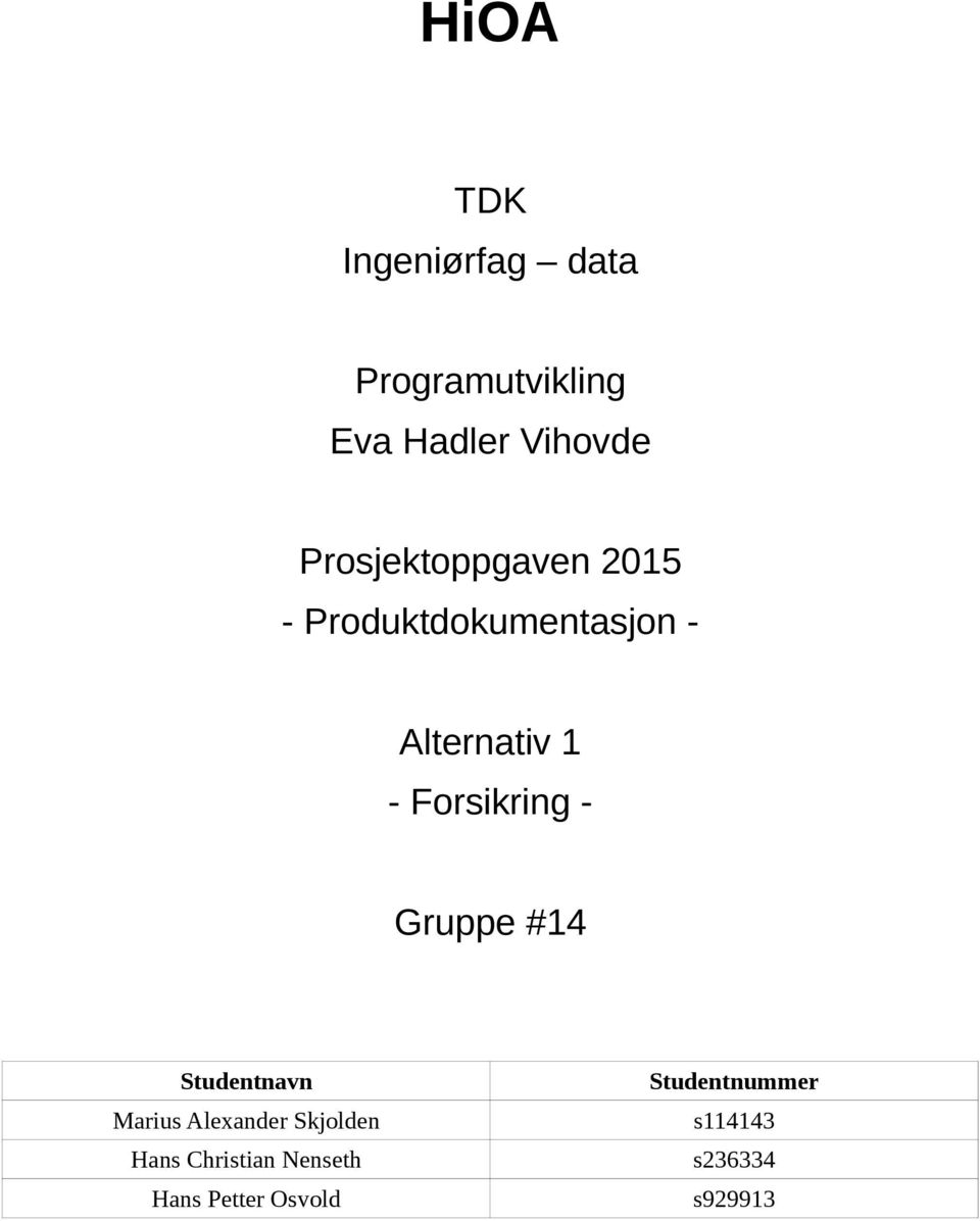 Forsikring - Gruppe #14 Studentnavn Marius Alexander Skjolden Hans