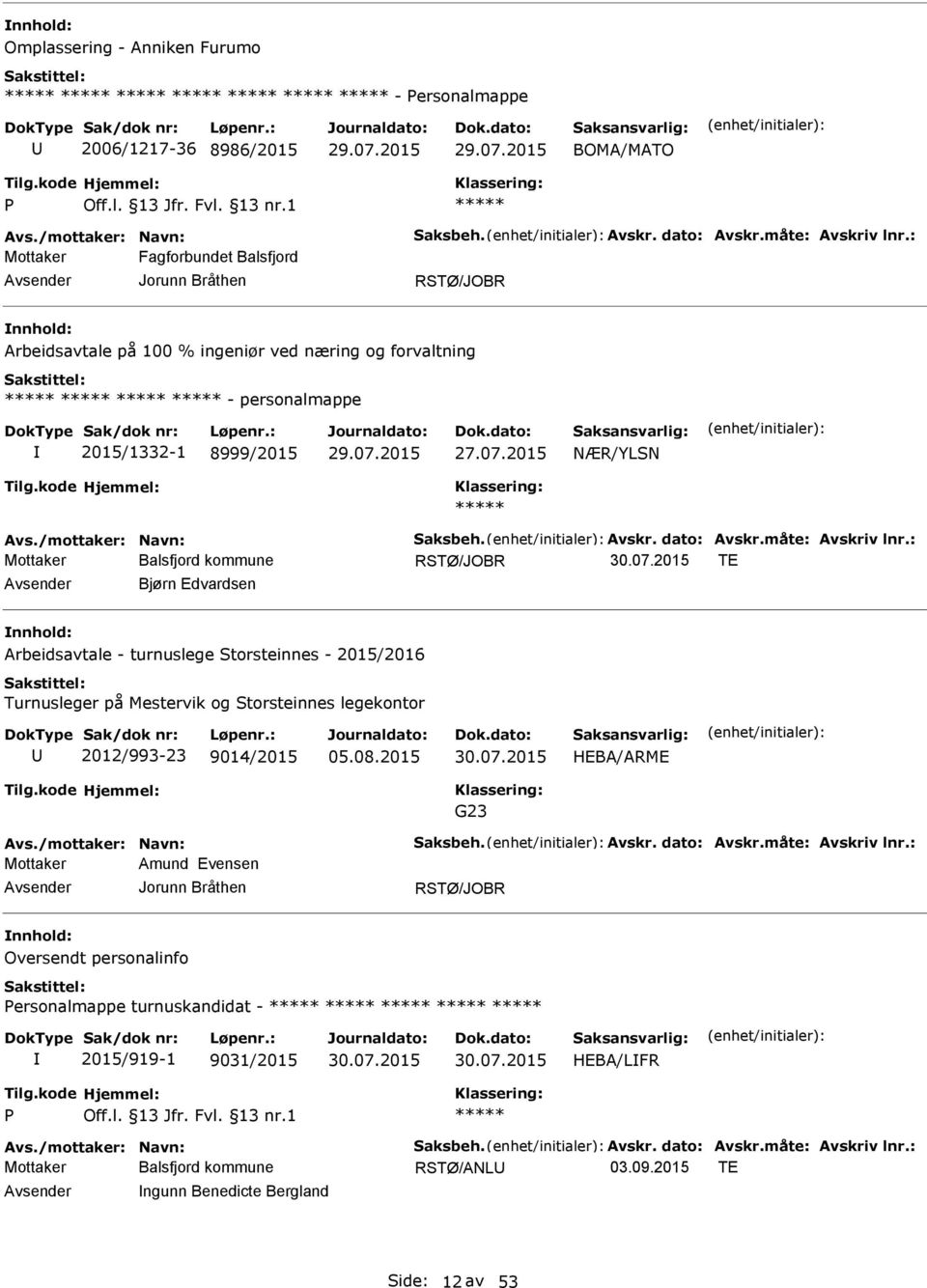 dato: Avskr.måte: Avskriv lnr.: 30.07.2015 TE Bjørn Edvardsen Arbeidsavtale - turnuslege Storsteinnes - 2015/2016 Turnusleger på Mestervik og Storsteinnes legekontor 2012/993-23 9014/2015 05.08.